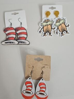 New Dr. Seuss Cat in the Hat Red & White Hat Earrings - Set of 3